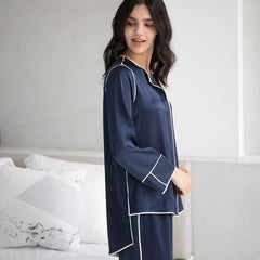 22 Momme Marineblauer Seiden-Pyjama-Set