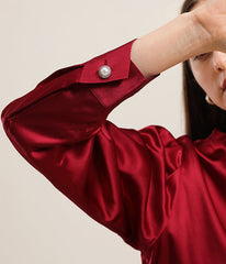 Stehkragen Seidenbluse Damen mit Perlenknopf Langarm