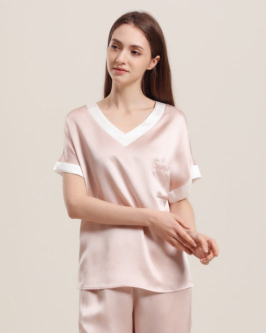 V-Ausschnitt Pullover Seiden Pyjama Set
