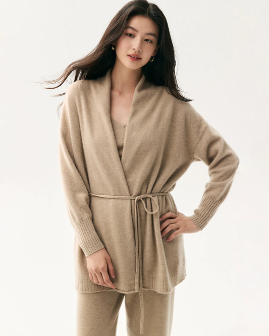 Cardigan aus 100 % Kaschmir mit Schalkragen und Bindegürtel