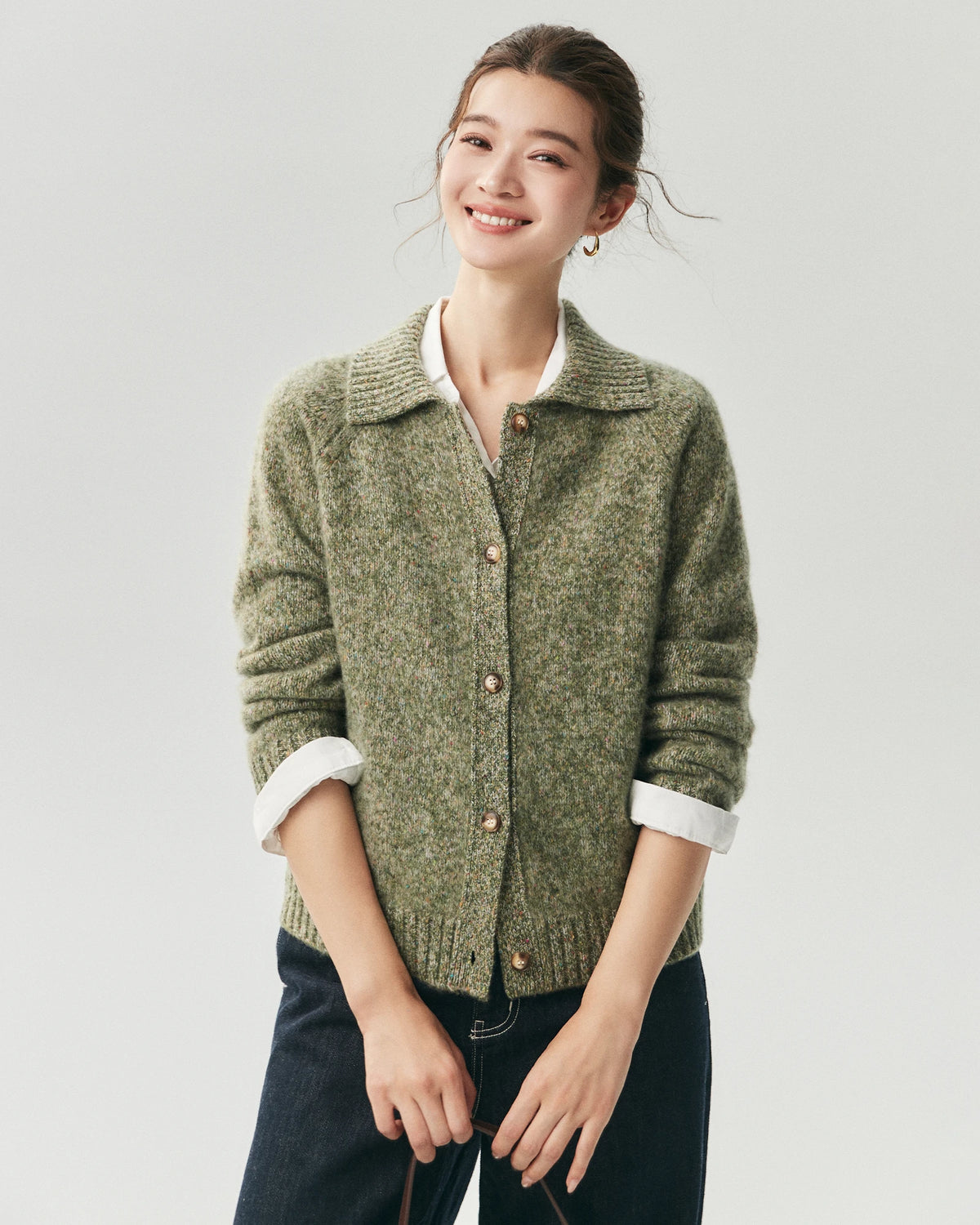 Cardigan aus 100 % Kaschmir mit Kragen und Melange-Muster