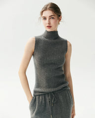 Ärmelloses Kaschmir-Rippstricktop aus 100 % Kaschmir mit Stehkragen