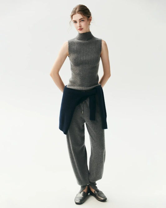 Ärmelloses Kaschmir-Rippstricktop aus 100 % Kaschmir mit Stehkragen