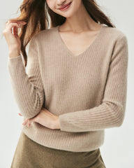 Pullover aus 100 % Kaschmir mit V-Ausschnitt und Rippstrick