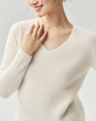 Pullover aus 100 % Kaschmir mit V-Ausschnitt und Rippstrick