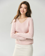 Pullover aus 100 % Kaschmir mit V-Ausschnitt und Rippstrick
