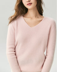 Pullover aus 100 % Kaschmir mit V-Ausschnitt und Rippstrick