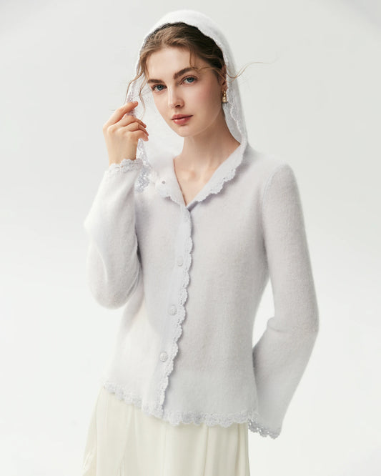 Cardigan aus 100 % reinem Kaschmir mit Kapuze und Häkelbesatz