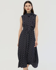 19 Momme Seiden Midi-Kleid mit Polka Dots und Stehkragen