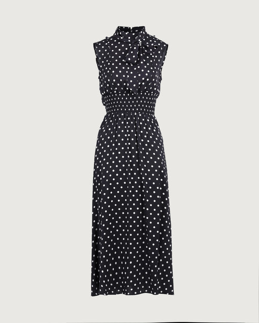 19 Momme Seiden Midi-Kleid mit Polka Dots und Stehkragen