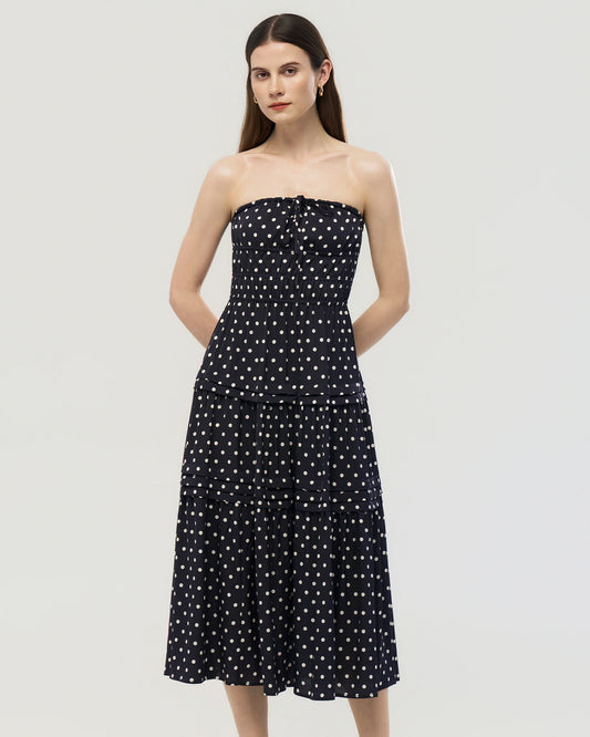 19 Momme Seiden-Midikleid mit Polka-Dots, trägerlos, A-Linie