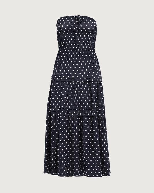 19 Momme Seiden-Midikleid mit Polka-Dots, trägerlos, A-Linie