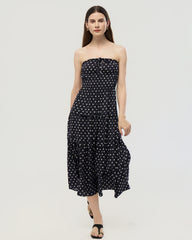 19 Momme Seiden-Midikleid mit Polka-Dots, trägerlos, A-Linie