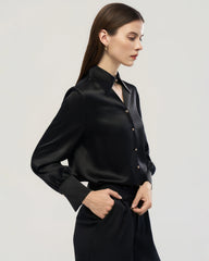 22 Momme Seidenbluse mit Cut-out-Kragen und langen Ärmeln