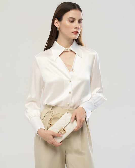 22 Momme Seidenbluse mit Cut-out-Kragen und langen Ärmeln