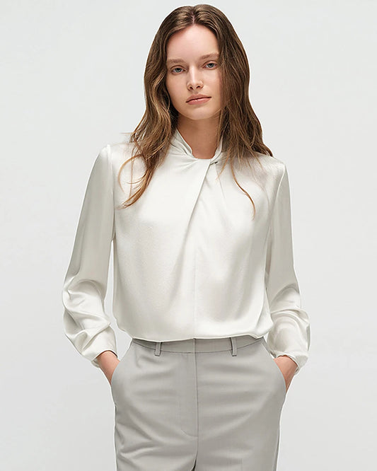 25 Momme Seidenbluse mit Knotenhals und langen Ärmeln
