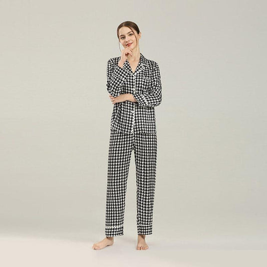 Seiden-Pyjamas-Set mit Houndstooth-Druck