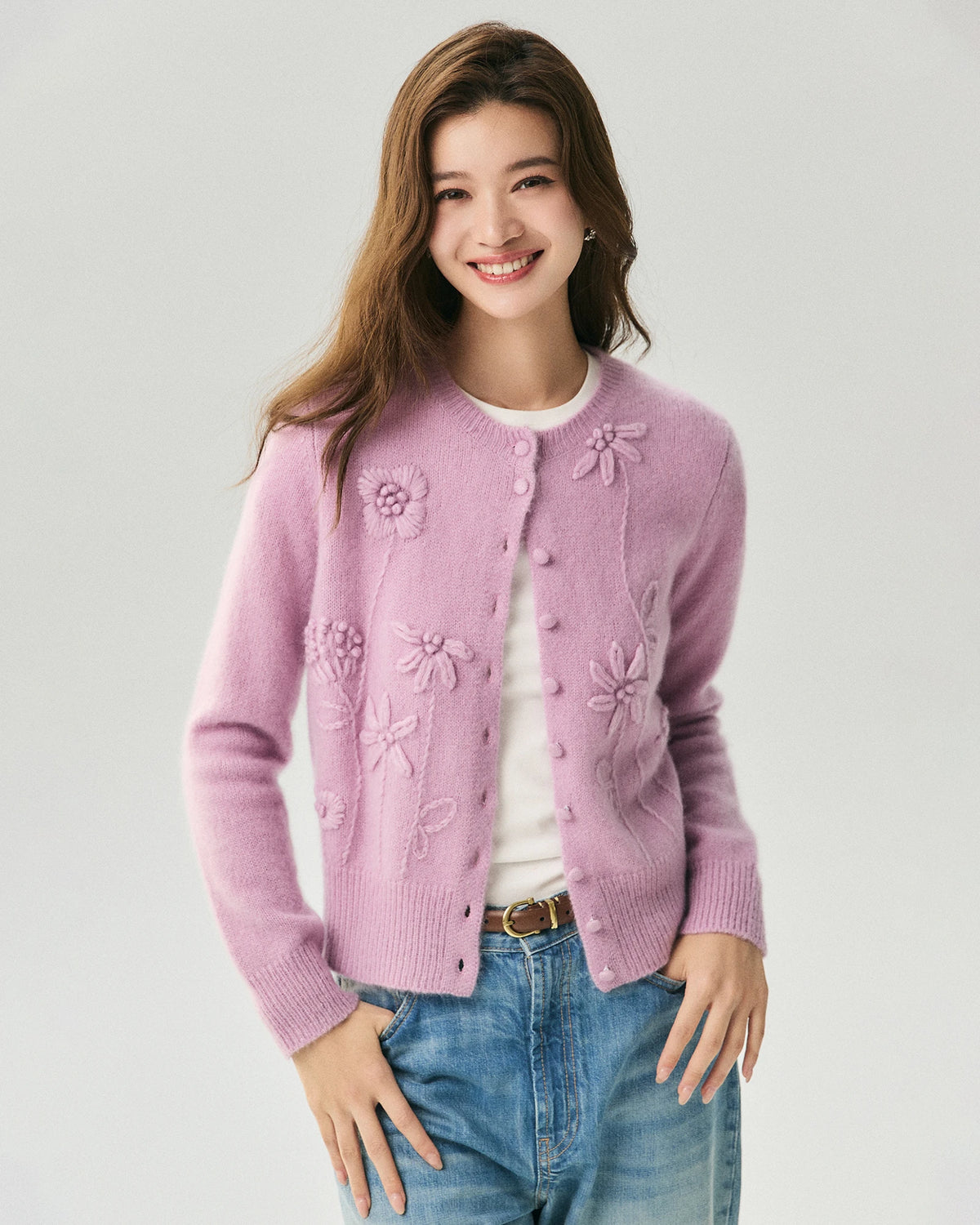 Kaschmir-Seide-Cardigan mit 3D-Blumendetails