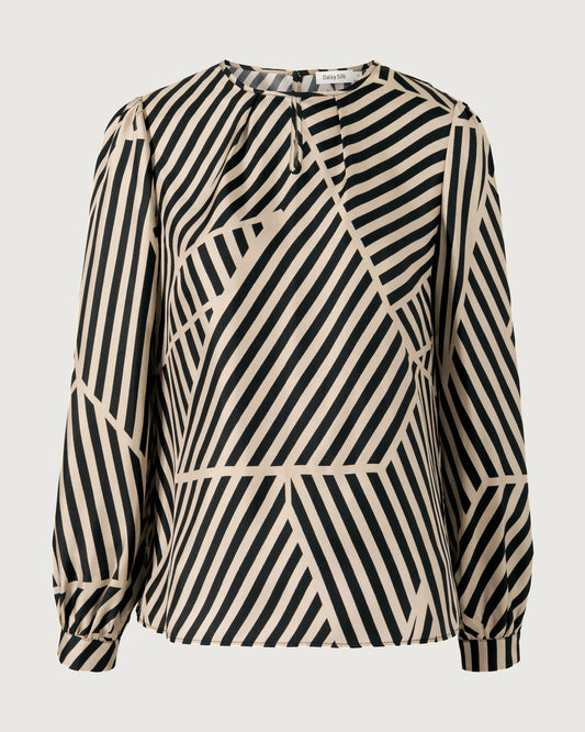 Seidenbluse mit abstraktem Streifenmuster und plissiertem Kragen