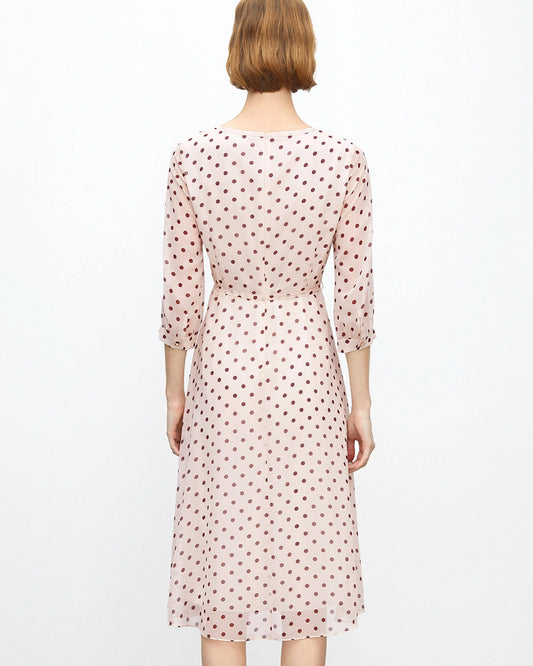 Apricot Braunes Polka Dot Seiden-Midi-Kleid