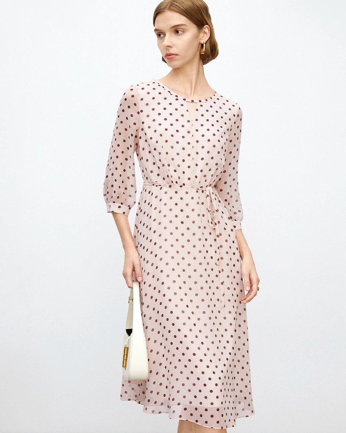 Apricot Braunes Polka Dot Seiden-Midi-Kleid