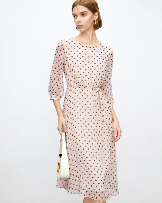 Apricot Braunes Polka Dot Seiden-Midi-Kleid