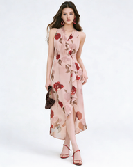 Ärmelloses Seiden-Midi-Kleid mit Rosenmuster