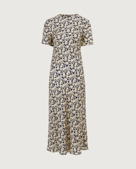 Seiden-Midikleid mit Schleierkraut-Print und kurzen Ärmeln
