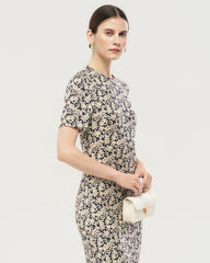 Seiden-Midikleid mit Schleierkraut-Print und kurzen Ärmeln