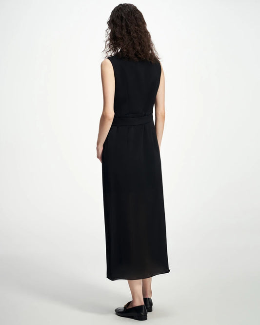 Schwarzes Seiden-Wickelkleid im Blazer-Stil mit Midi-Länge