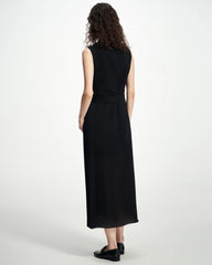 Schwarzes Seiden-Wickelkleid im Blazer-Stil mit Midi-Länge