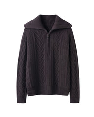Zopfmuster-Kaschmirpullover mit Halbreißverschluss