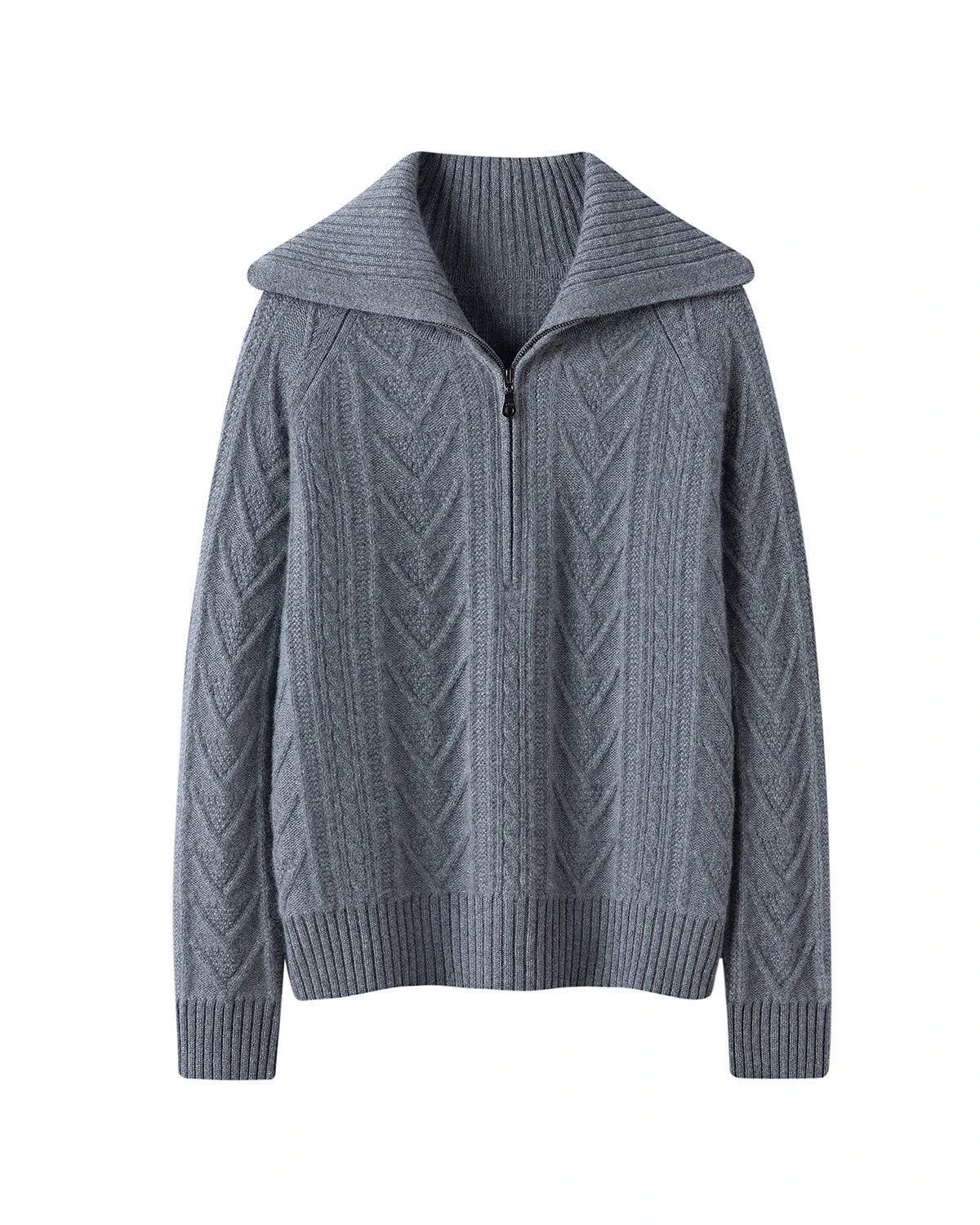 Zopfmuster-Kaschmirpullover mit Halbreißverschluss