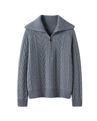 Zopfmuster-Kaschmirpullover mit Halbreißverschluss