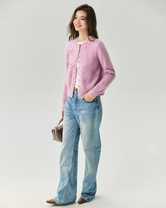 Kaschmir-Seide-Cardigan mit 3D-Blumendetails