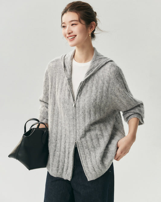 Kaschmir-Seide-Cardigan mit Zopfmuster und Kapuze