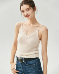 Kaschmir-Seide-Camisole mit V-Ausschnitt und Spitzenbesatz