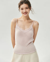 Kaschmir-Seide-Camisole mit V-Ausschnitt und Spitzenbesatz