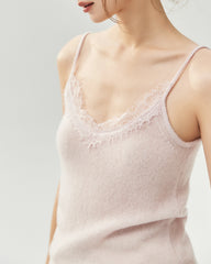 Kaschmir-Seide-Camisole mit V-Ausschnitt und Spitzenbesatz
