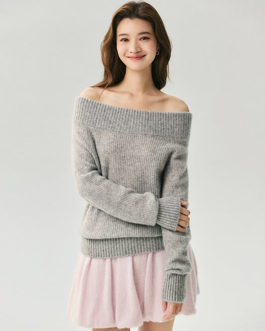 Kaschmir-Seide-Pullover mit Rippenstrick und Off-Shoulder-Schnitt