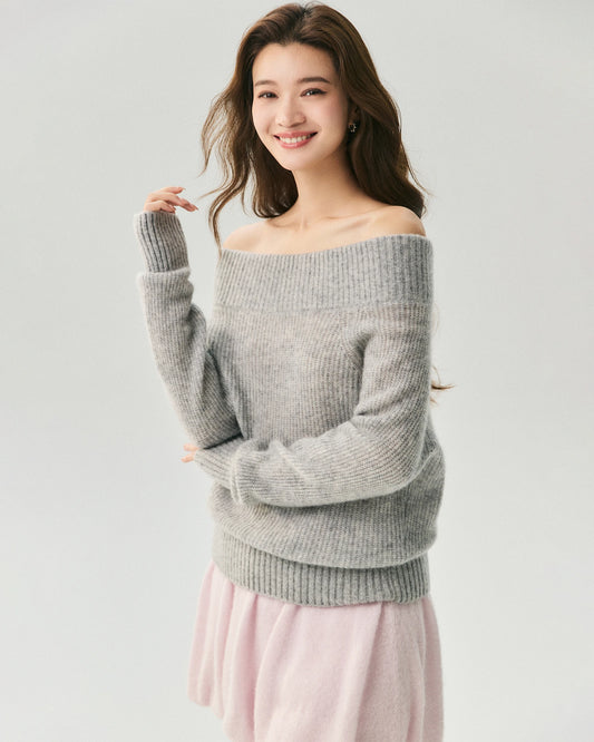 Kaschmir-Seide-Pullover mit Rippenstrick und Off-Shoulder-Schnitt