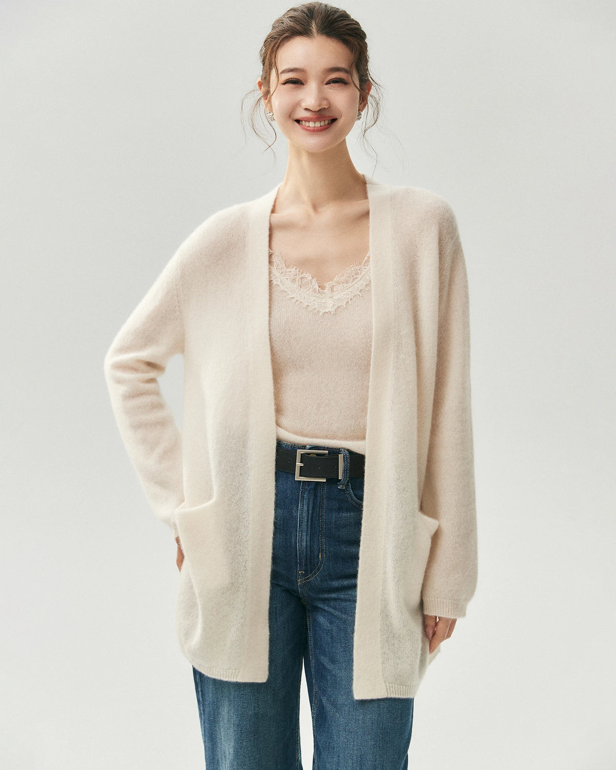 Kaschmir-Seide-Cardigan mit offenem Frontdesign und Taschen