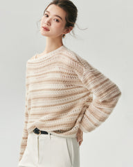Kaschmir-Seide Open-Knit-Pullover mit Streifen und U-Boot-Ausschnitt