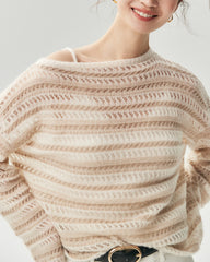 Kaschmir-Seide Open-Knit-Pullover mit Streifen und U-Boot-Ausschnitt