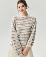Kaschmir-Seide Open-Knit-Pullover mit Streifen und U-Boot-Ausschnitt