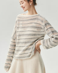 Kaschmir-Seide Open-Knit-Pullover mit Streifen und U-Boot-Ausschnitt