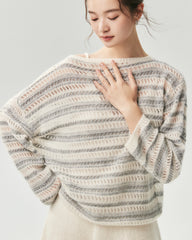 Kaschmir-Seide Open-Knit-Pullover mit Streifen und U-Boot-Ausschnitt