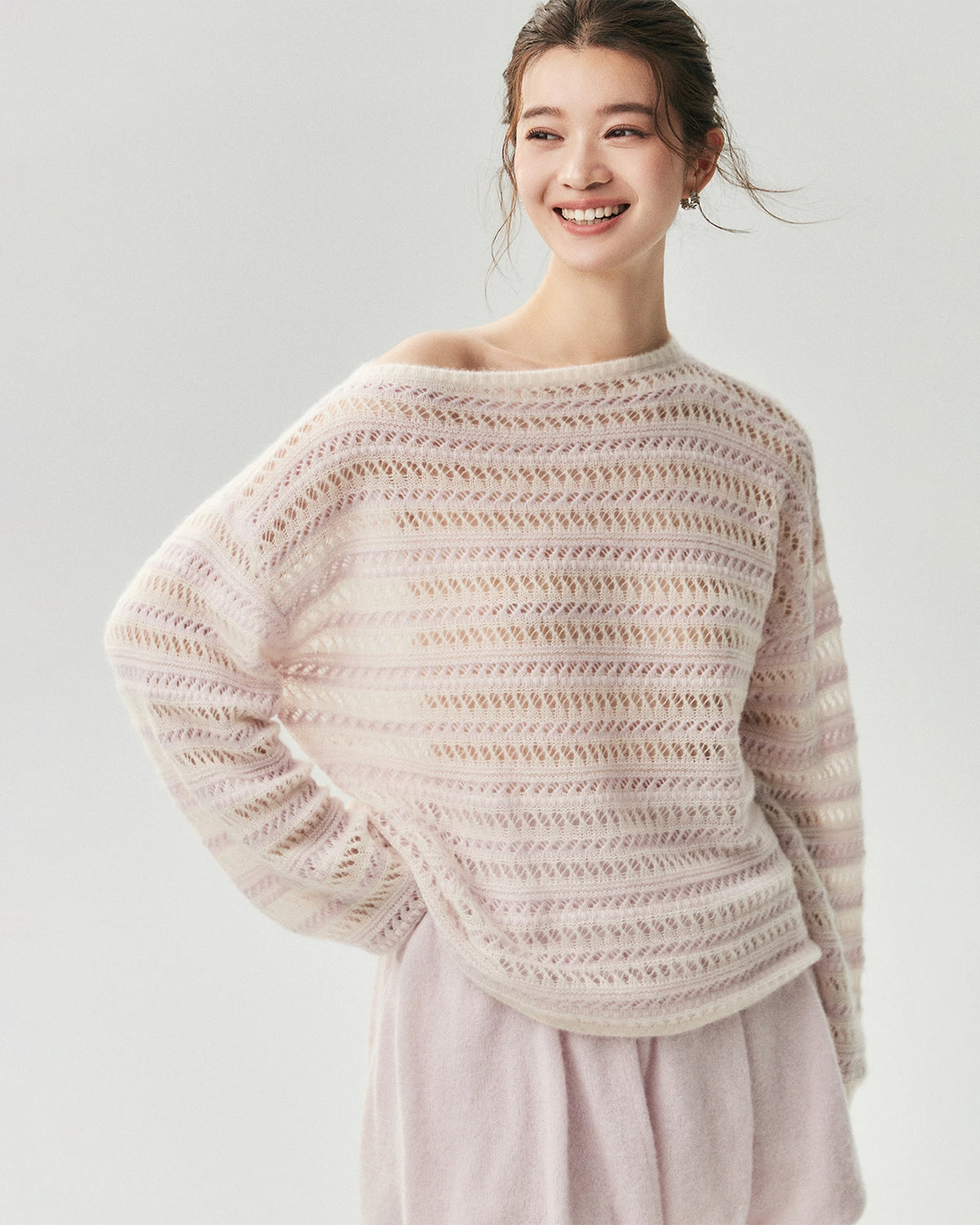 Kaschmir-Seide Open-Knit-Pullover mit Streifen und U-Boot-Ausschnitt