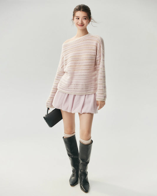 Kaschmir-Seide Open-Knit-Pullover mit Streifen und U-Boot-Ausschnitt