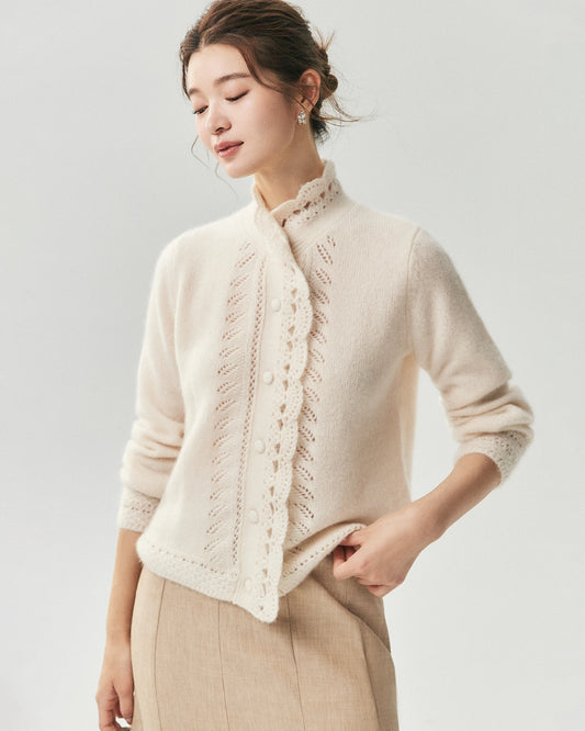 Kaschmir-Seide-Cardigan mit Lochstrickmuster